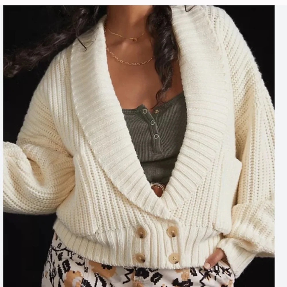 Anthropologie cream slouchy chunky Oversized Wool Blend Cardigan w/Pockets Sz M
